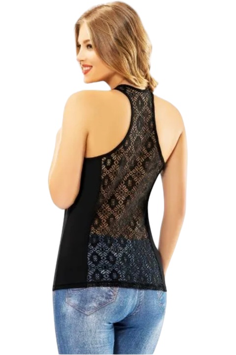 Maiou dama cu spate din dantela, elegant, StarFashion, bretele late, model romb, bumbac, negru print