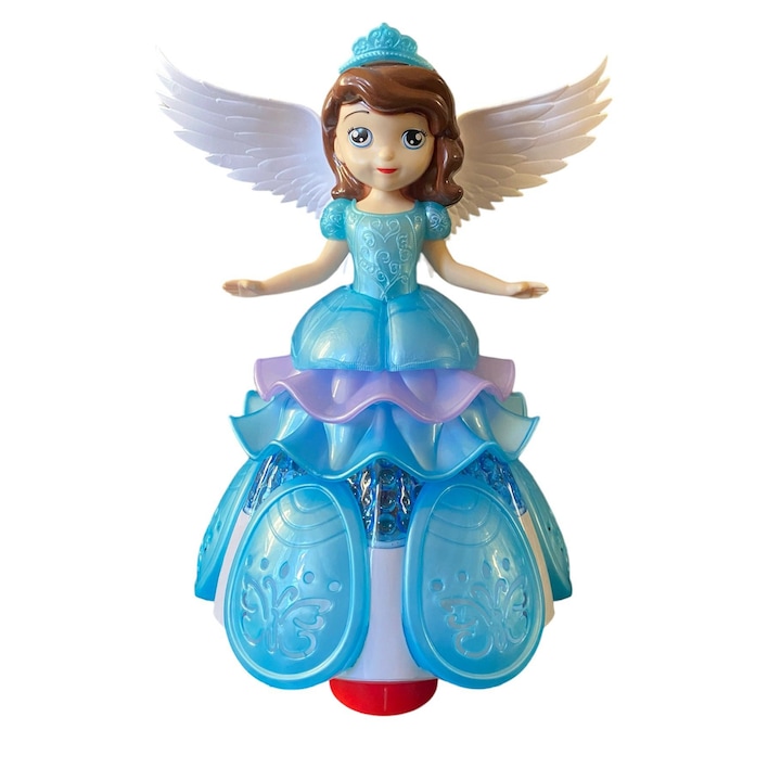 Táncbaba hercegnő, interaktív LED zene és fények, kerekeken forognak és mozognak, levehető szárnyak, 3 db AA elemmel, 3 év feletti lányoknak, kék
