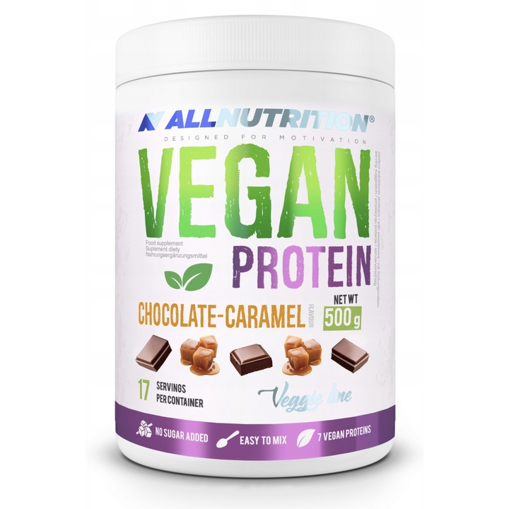 Proteine vegana, proteina vegetala, ALLNUTRITION Vegan Protein, 500g, aroma Ciocolata-caramel, pudra proteica