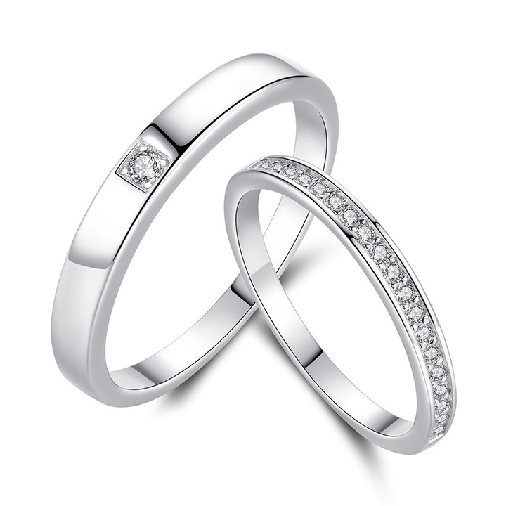 Set doua inele, model cu pietre zirconiu, marime reglabila, Tessero, unisex, argintiu