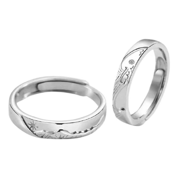 Set doua inele pentru cupluri, model cu soare si valuri, marime reglabila, Tessero, unisex, argintiu