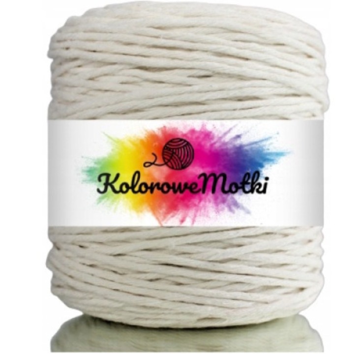 Snur pentru macrame, KoloroweMotki, Bumbac 100%, Torsadat simplu, 3mm x 200m, Posibilitatea de a fi spalat si contactul cu alimentele, Natural