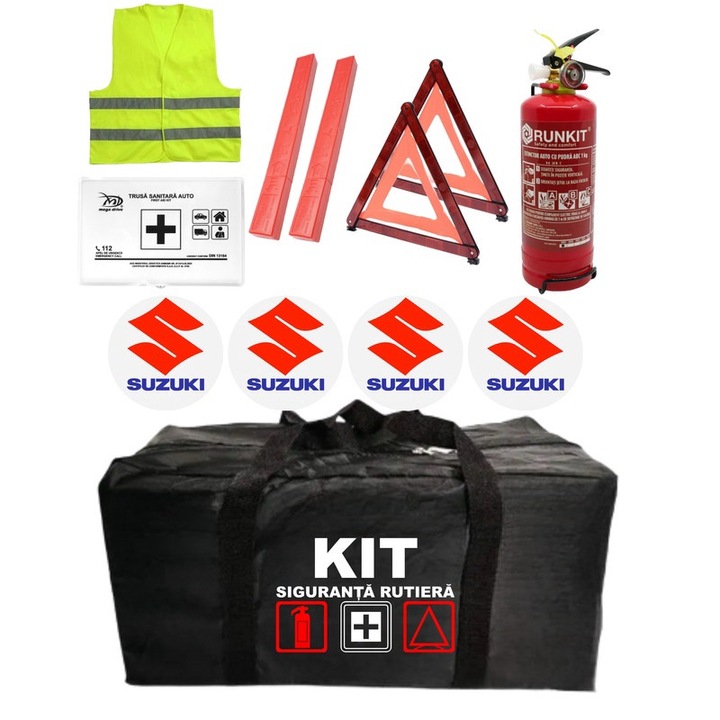 Комплект за пътна безопасност на автомобил, одобрен от R.A.R, Пожарогасител с манометър 1кг P1, Аптечка, 2 светлоотразителни триъгълника, 4 самозалепващи стикера SUZUKI