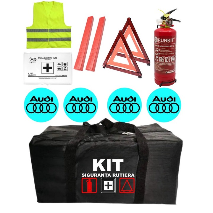 Kit Trusa siguranta rutiera auto omologat R.A.R, Stingator cu manometru 1kg P1, Trusa Medicala, 2 Triunghiuri Reflectorizante, 4 stickere autoadezive Audi