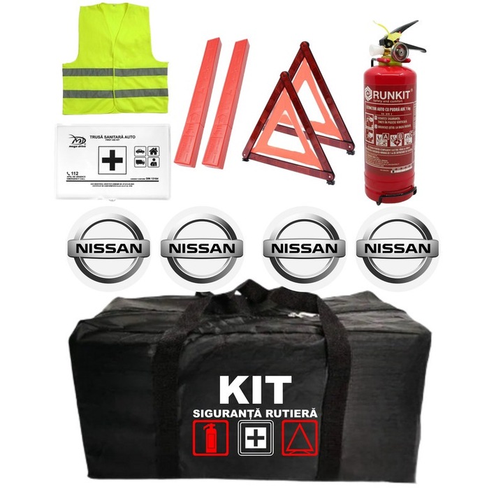 Комплект за пътна безопасност на автомобила, одобрен от R.A.R, пожарогасител с манометър 1 кг P1, аптечка, 2 светлоотразителни триъгълника, 4 самозалепващи стикера NISSAN