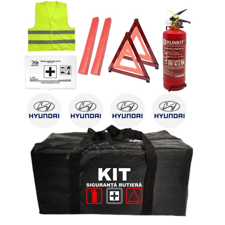 Kit Trusa siguranta rutiera auto omologat R.A.R, Stingator cu manometru 1kg P1, Trusa Medicala, 2 Triunghiuri Reflectorizante, 4 stickere autoadezive HYUNDAI