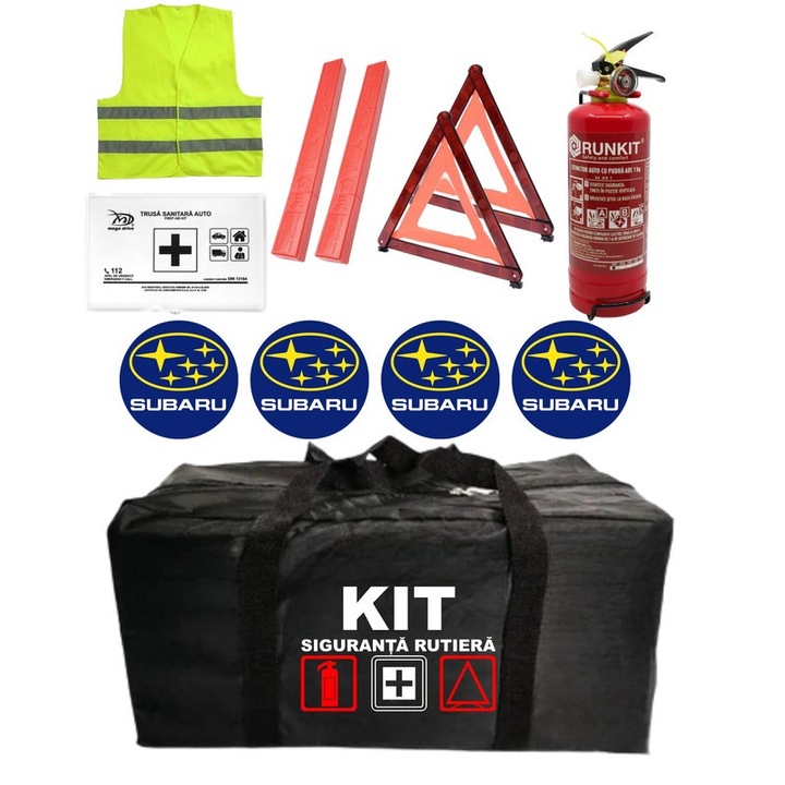 Комплект Пътна безопасност за кола, одобрен от R.A.R, Пожарогасител с манометър 1кг P1, Аптечка, 2 светлоотразителни триъгълника, 4 самозалепващи стикера SUBARU