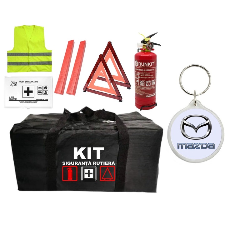 Kit Trusa siguranta rutiera auto omologat R.A.R, Stingator cu manometru 1kg P1, Trusa Medicala, 2 Triunghiuri Reflectorizante, 1 breloc MAZDA