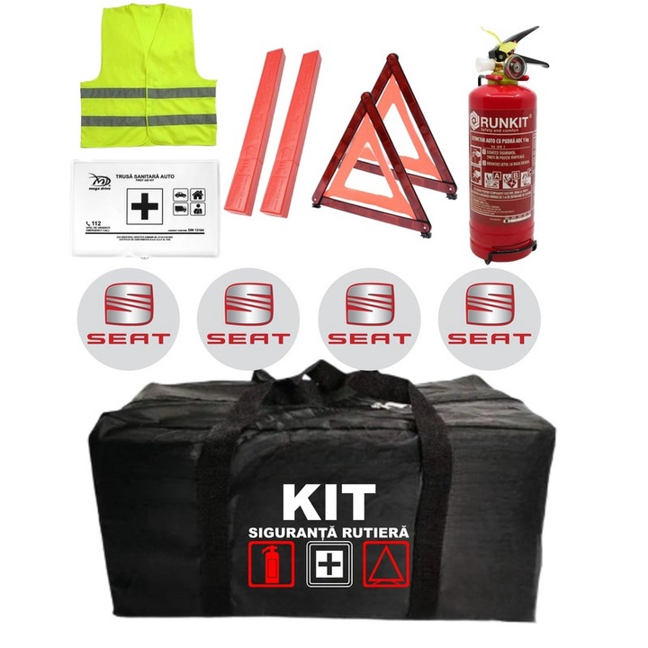Kit Trusa siguranta rutiera auto omologat R.A.R, Stingator cu manometru 1kg P1, Trusa Medicala, 2 Triunghiuri Reflectorizante, 4 stickere autoadezive SEAT