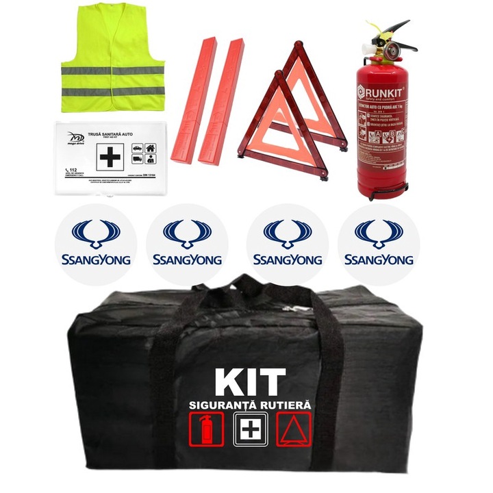 Kit Trusa siguranta rutiera auto omologat R.A.R, Stingator cu manometru 1kg P1, Trusa Medicala, 2 Triunghiuri Reflectorizante, 4 stickere autoadezive SSangyong