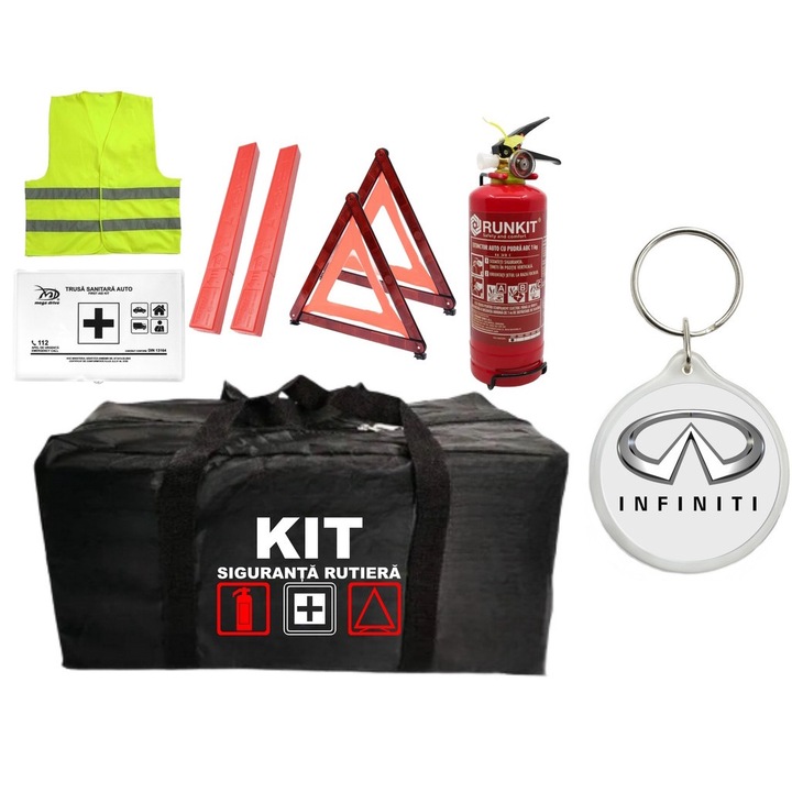 Kit Trusa siguranta rutiera auto omologat R.A.R, Stingator cu manometru 1kg P1, Trusa Medicala, 2 Triunghiuri Reflectorizante, 1 breloc INFINITI