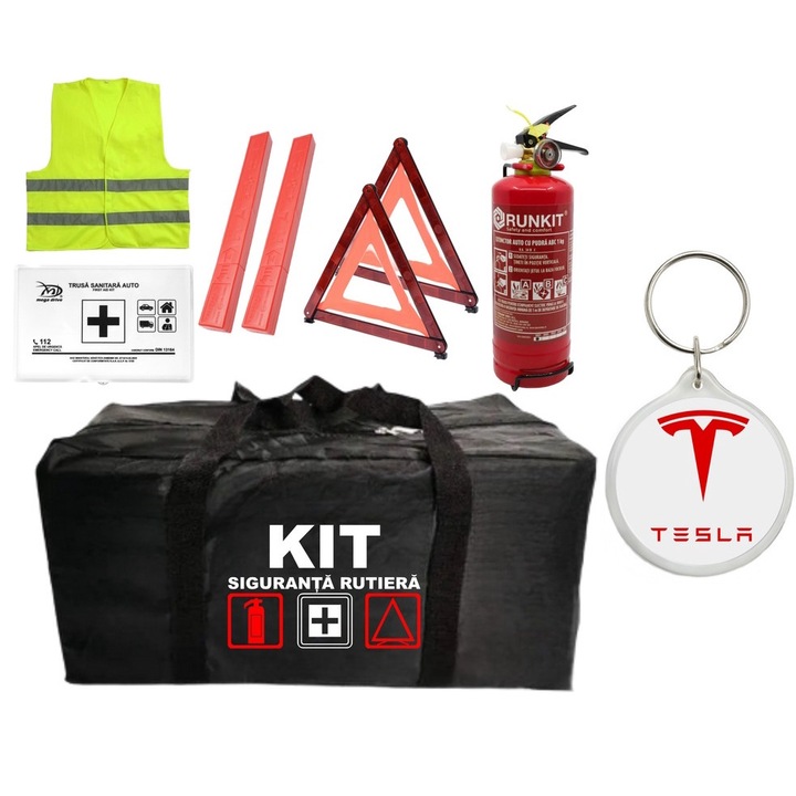 Kit Trusa siguranta rutiera auto omologat R.A.R, Stingator cu manometru 1kg P1, Trusa Medicala, 2 Triunghiuri Reflectorizante, 1 breloc TESLA