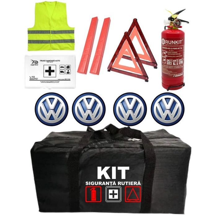 Kit Trusa siguranta rutiera auto omologat R.A.R, Stingator cu manometru 1kg P1, Trusa Medicala, 2 Triunghiuri Reflectorizante, 4 stickere autoadezive Volkswagen