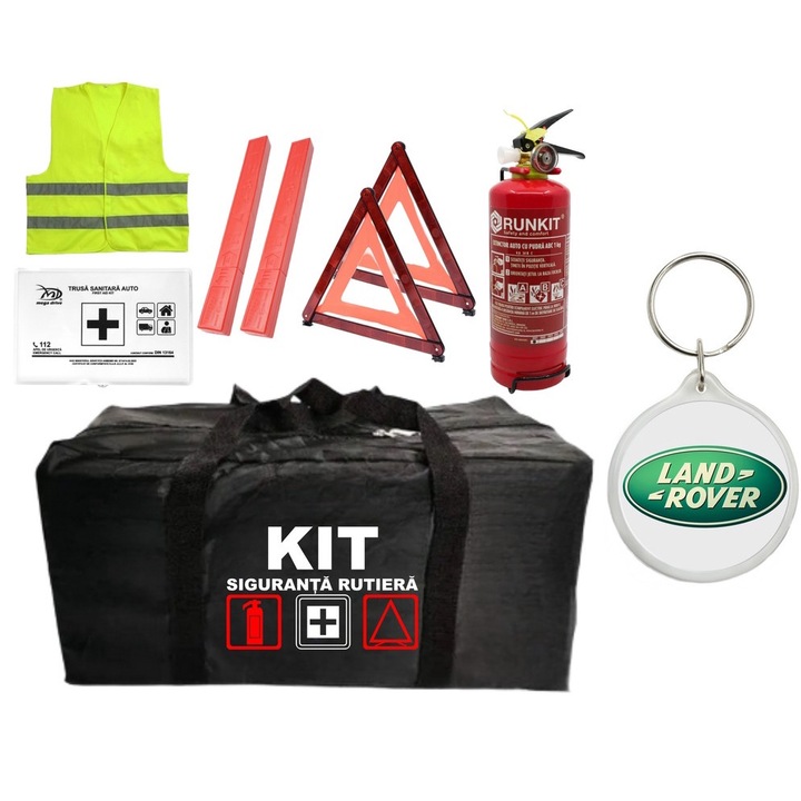 Kit Trusa siguranta rutiera auto omologat R.A.R, Stingator cu manometru 1kg P1, Trusa Medicala, 2 Triunghiuri Reflectorizante, 1 breloc LANDROVER