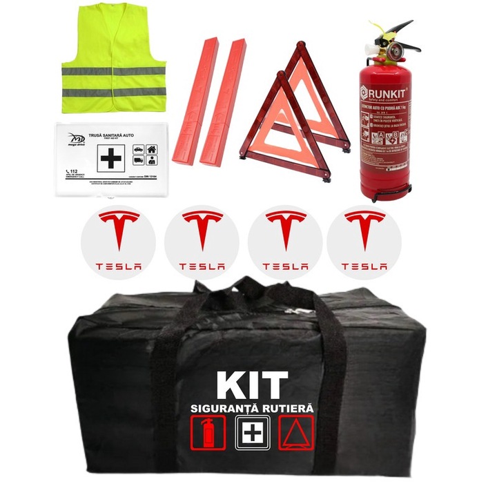 Kit Trusa siguranta rutiera auto omologat R.A.R, Stingator cu manometru 1kg P1, Trusa Medicala, 2 Triunghiuri Reflectorizante, 4 stickere autoadezive TESLA