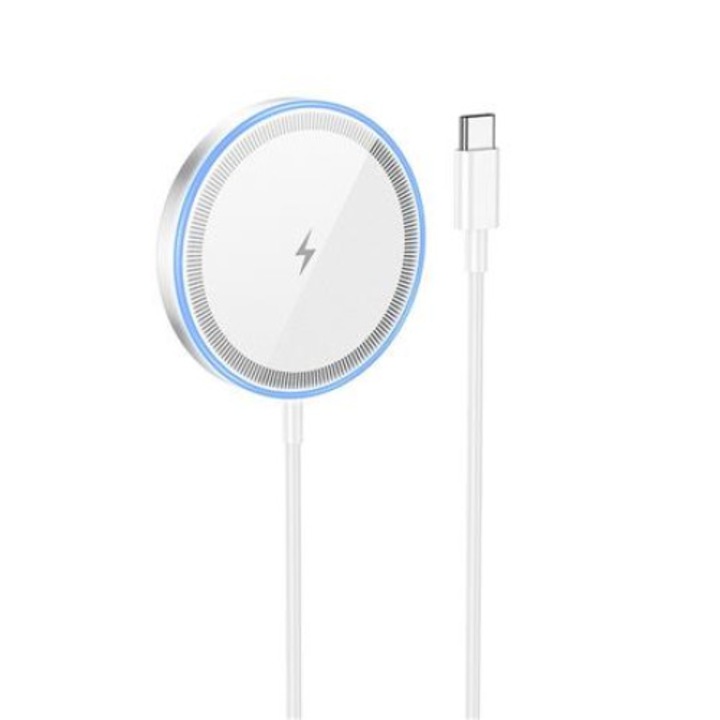 Vezeték nélküli töltő MagSafe-el, HOCO CW53, 15W, mágneses, USB-C csatlakozó, 9V, 2A, adaptív töltés, ezüst