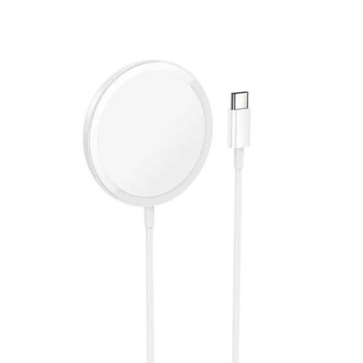 Incarcator wireless, Hoco CW52, MagSafe, 9V, 2A, Cablu 1m cu Mufa type-C, Alb