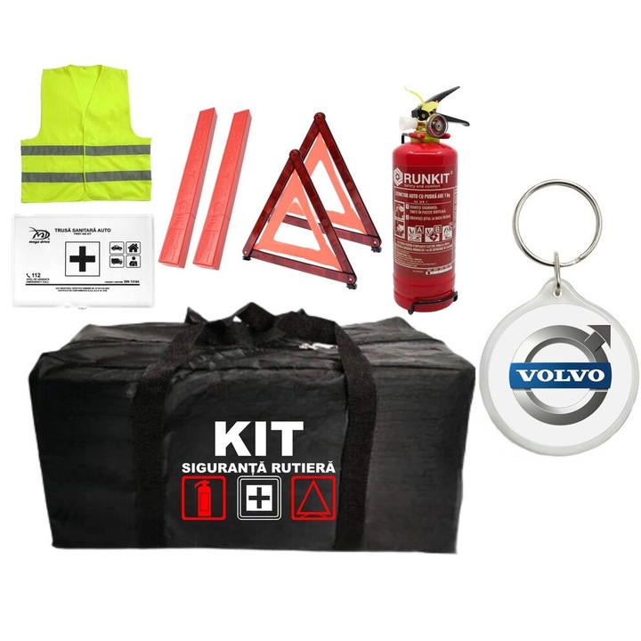 Kit Trusa siguranta rutiera auto omologat R.A.R, Stingator cu manometru 1kg P1, Trusa Medicala, 2 Triunghiuri Reflectorizante, 1 breloc VOLVO