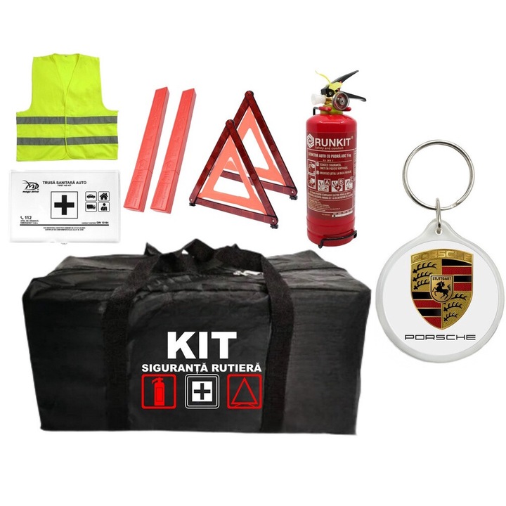 Kit Trusa siguranta rutiera auto omologat R.A.R, Stingator cu manometru 1kg P1, Trusa Medicala, 2 Triunghiuri Reflectorizante, 1 breloc PORSCHE