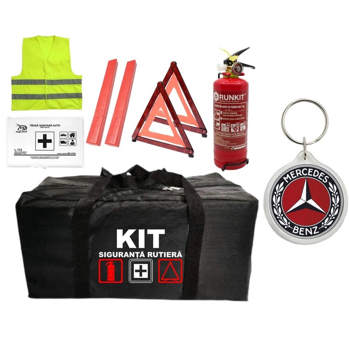 Kit Trusa siguranta rutiera auto omologat R.A.R, Stingator cu manometru 1kg P1, Trusa Medicala, 2 Triunghiuri Reflectorizante, 1 breloc MERCEDES