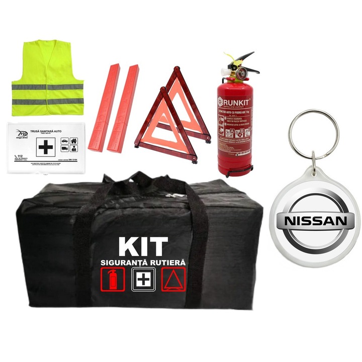 Kit Trusa siguranta rutiera auto omologat R.A.R, Stingator cu manometru 1kg P1, Trusa Medicala, 2 Triunghiuri Reflectorizante, 1 breloc NISSAN