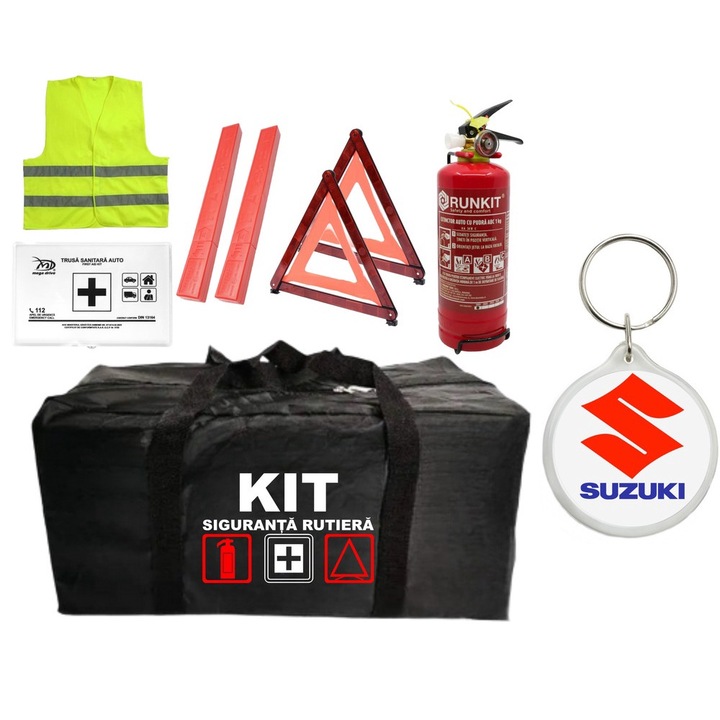 Kit Trusa siguranta rutiera auto omologat R.A.R, Stingator cu manometru 1kg P1, Trusa Medicala, 2 Triunghiuri Reflectorizante, 1 breloc SUZUKI