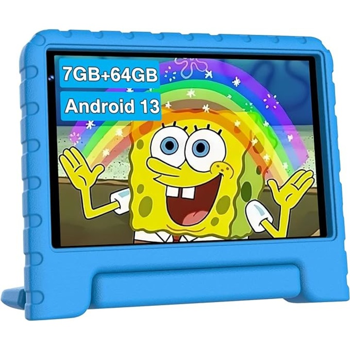 Tableta Pentru Copii Android 13 cu 7GB RAM+64GB ROM(TF 1024GB), 7 inchi, cu WiFi 6, Quad Core, Bluetooth, GPS, Play Store, cu Caz EVA, Albastru