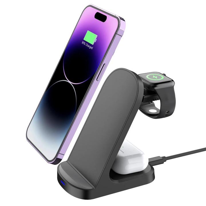 Vezeték Nélküli Töltő 3 az 1-ben, 15W Gyors Töltő, Gyors és Egyidejű Töltőállomás Akár 3 Eszközhöz, Kompatibilis iPhone, Apple Watch, AirPods, Samsung, Huawei, Xiaomi, Oppo, USB-C Kábel Mellékelve, Fekete