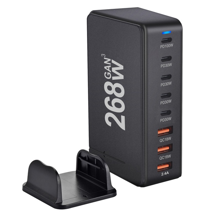 Зарядно устройство 8-в-1, 268 W GaN, оборудвано с 5 USB-C порта и 3 USB-A порта, поддържа 3 пъти ултра-бързо зареждане за 8 устройства, усъвършенствана технология за защита и разсейване на топлината, съвместимо с повечето устройства, черно