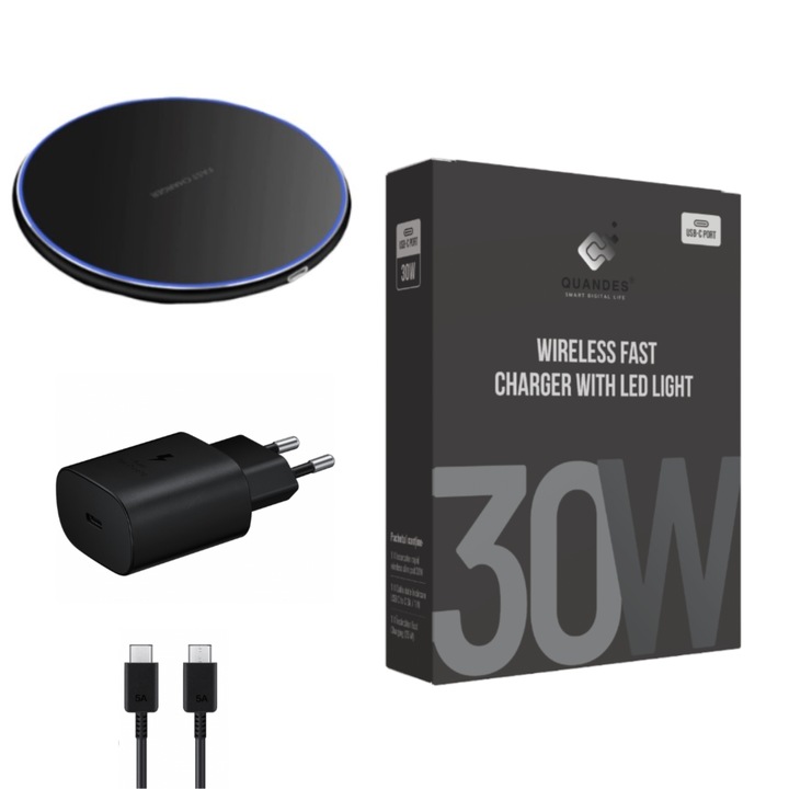 Set Incarcator Wireless super Fast Charging 30W, Pad QI compatibil cu samsung s24, s23, s22, S20, Iphone 15, 14, 25W adaptor PD usb-c