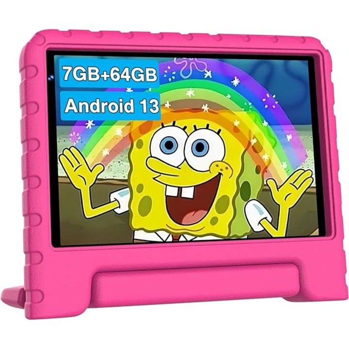 Tableta Pentru Copii Android 13 cu 7GB RAM+64GB ROM(TF 1024GB), 7 inchi, cu WiFi 6, Quad Core, Bluetooth, GPS, Play Store, cu Caz EVA, Rosu