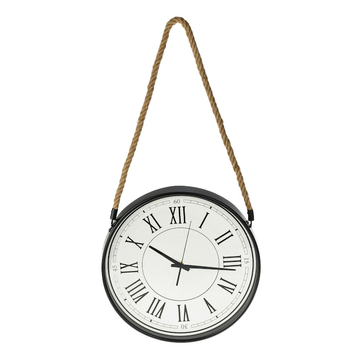 Черен декоративен часовник за стена с латински цифри и висяща връв Shopiens®, 35 см