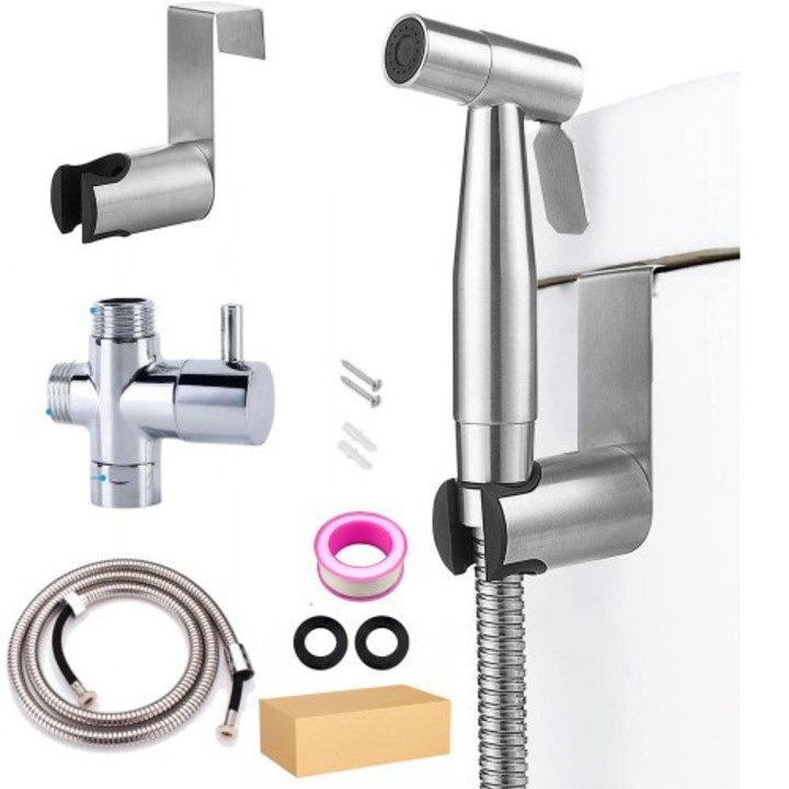 Хигиеничен душ комплект за интимна хигиена, JENOUS, смесител за биде и WC от неръждаема стомана, регулируемо налягане, сребрист