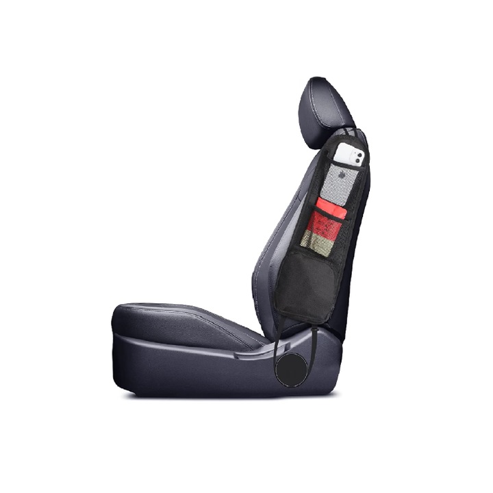 Organizator (Buzunar depozitare) lateral Scaun auto, 1 Buzunar cu Fermoar si 2 Buzunare din plasa, Multifunctional, Universal, 42x14 cm, Negru