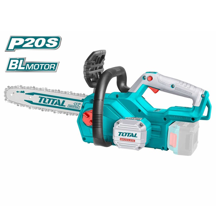 Акумулаторен верижен трион Total TGSLI201286, 2 x 20 V, Нож 30 см, Скорост на веригата 7,9 м/сек, Безчетков мотор, Съдържа: бързо зарядно + 2 батерии 20 V 4,0 Ah