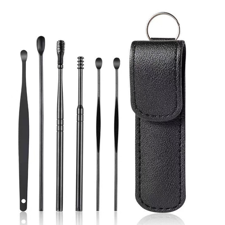 Set Instrumente pentru Curatarea Urechilor KitsKap®, 6 Piese, Otel Inoxidabil, Husa Piele, Negru