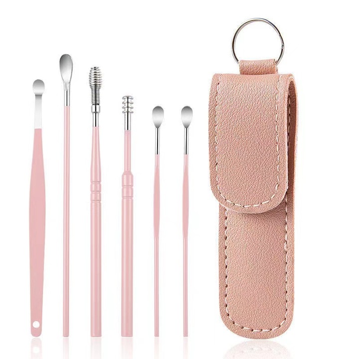 Set de curatare urechi KitsKap®, 6 piese, inox, maner ergonomic, etui piele, roz