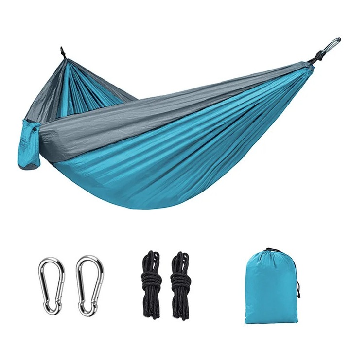 Hamac din material de tip parasuta, 270x140cm, capacitate maxima 150kg, set complet cu franghii si carabiniere, albastru-gri