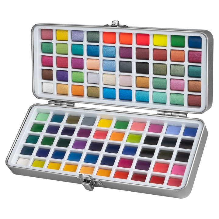 100 színű akvarellfesték készlet fémdobozban ecsetekkel
