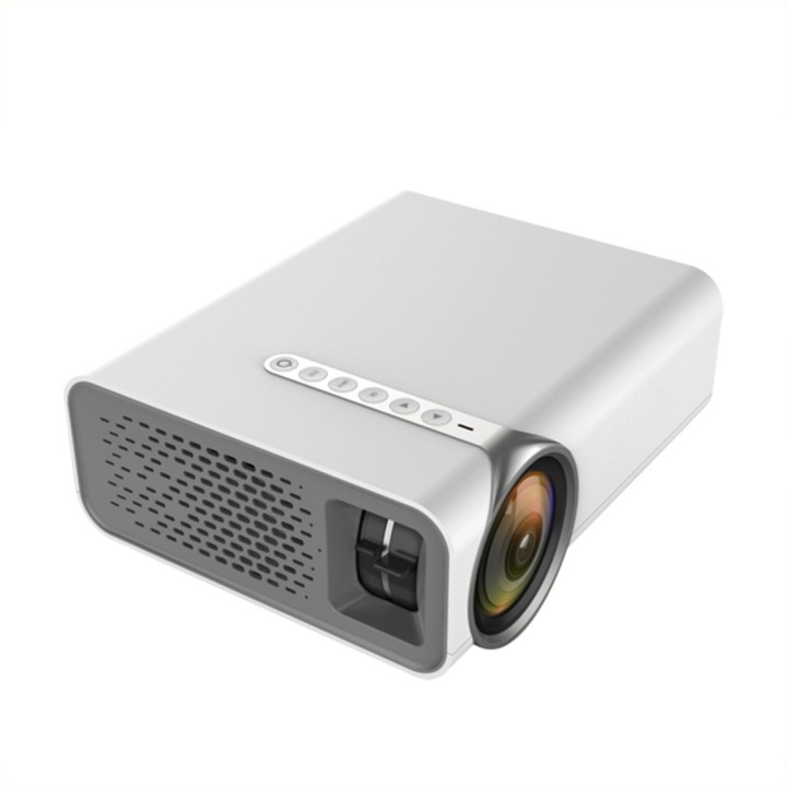 Видеопроектор, резолюция 800x480, яркост 1800 лумена, поддръжка на HDMI/AV/SD/USB/VGA, портативна версия за телефон, бял
