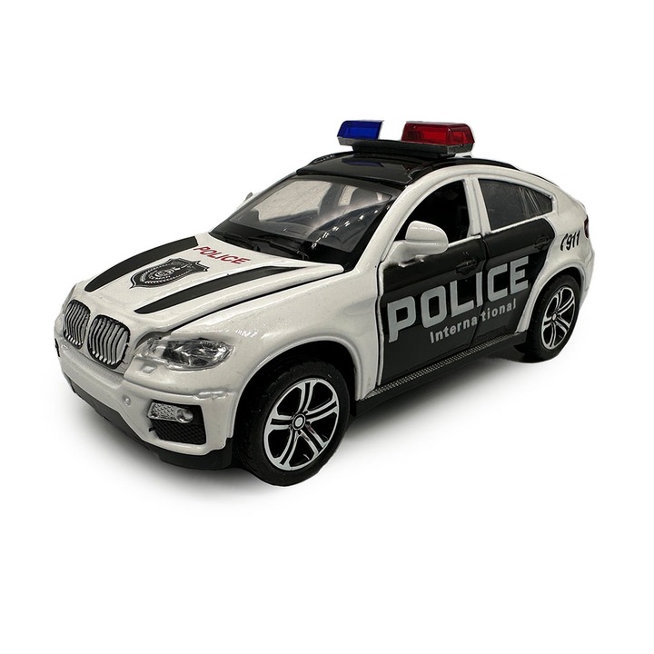 Automacheta de metal, Masina de Politie BMW X6, 1:32, sunet, lumini, se deschid usi, capota, portbagaj, 16 cm, Vision XXI
