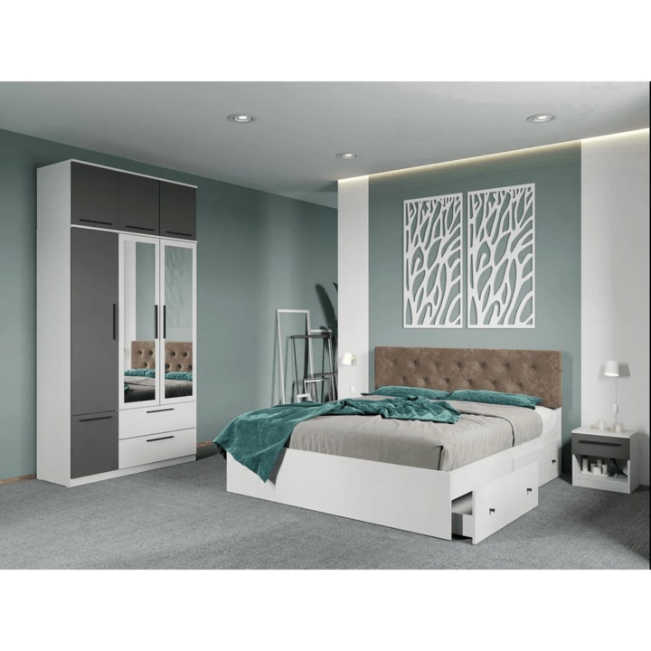 Set dormitor, Alb cu Gri Antracit, Madrid, C103, Dulap, Pat 160x200, Noptiere
