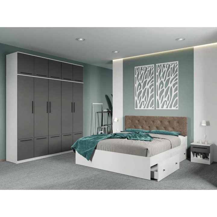 Set dormitor, Alb cu Gri Antracit, Madrid, C117, Dulap, Pat 160x200, Noptiere