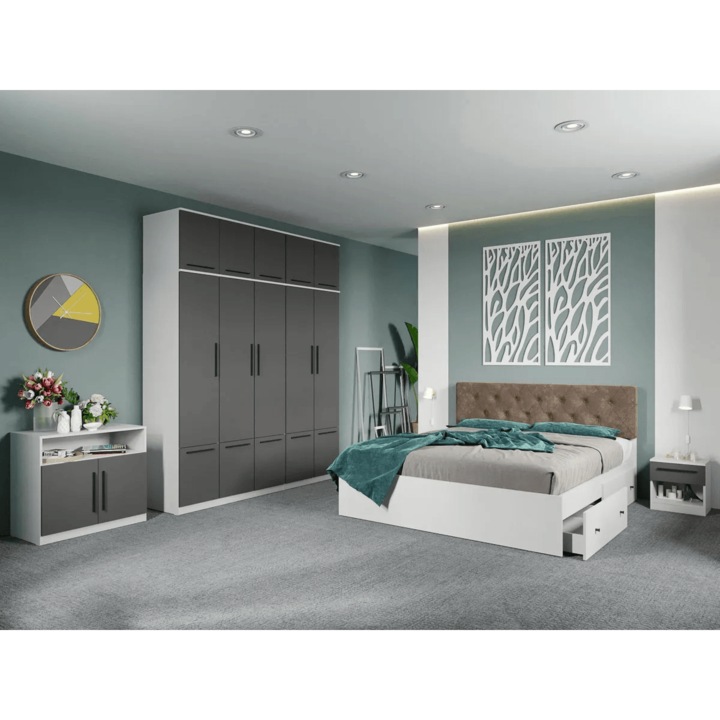Set dormitor, Alb cu Gri, Madrid, C118, Dulap, Pat 160x200, Comoda, Noptiere
