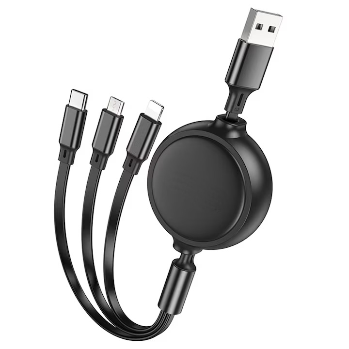 USB-A kábel, C típusú, Lightning, mikro-USB, 1 m hosszú, 3 töltővéggel, fekete