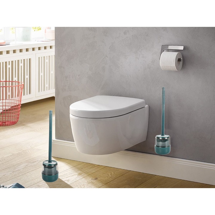 Четка за тоалетна чиния със самозалепваща опора за стената и гъвкава глава за тоалетна чиния, силиконова, тъмно зелена