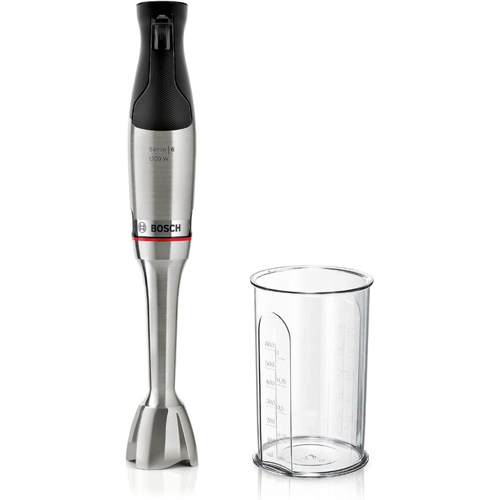 Blender de mana Bosch ErgoMaster Series 6, 1200 W, lame inox, pahar inclus, Negru/Argintiu