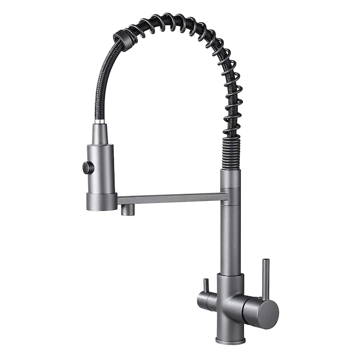 Baterie sanitara bucatarie cu 3 cai, cu iesire pentru Filtru de Apa Purificata, din Alama, gri, Rain Drop de la RobinetulMeu