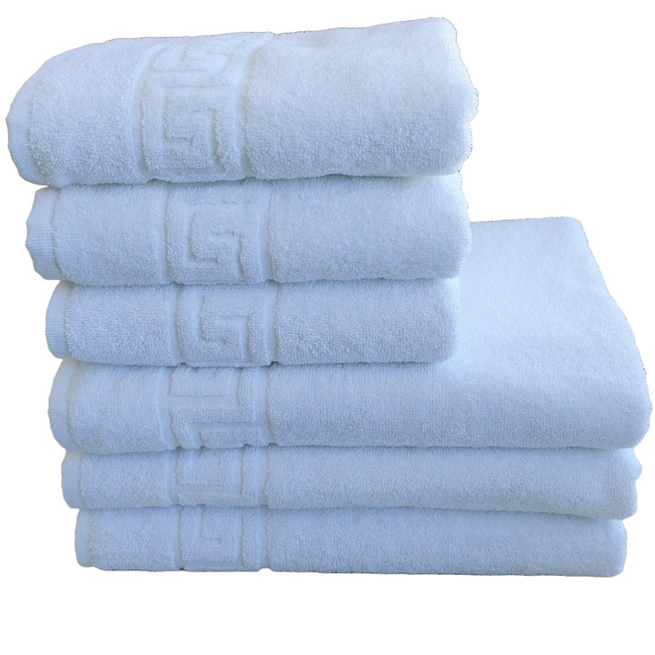 Hotel bolyhos törölközőkészlet, 6 részes, görög modell, 100% pamut, sűrűsége 550 g/m2, fehér