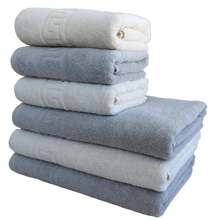 Set Prosoape Pufoase Hoteliere, 6 Piese, Model Greek, 100% Bumbac, Densitate 550g/mp, Gri/Ivoire